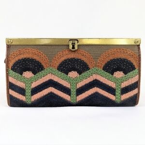 Fossil VRI Turnlock Accordion Wallet Embroidered Cowhide Blue Suede Brass Boho